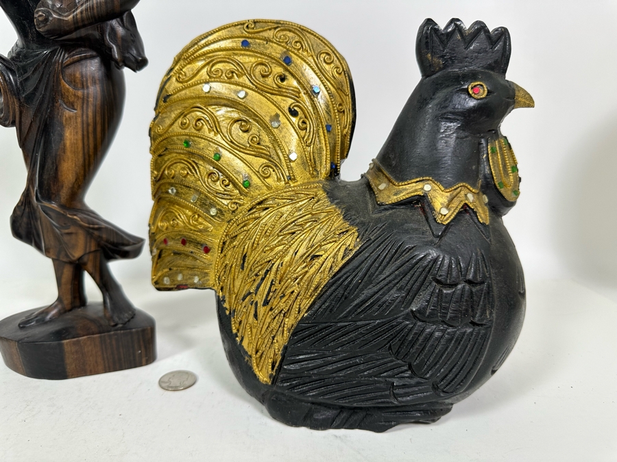 Carved Wooden Rooster From Thailand 9H (R), Carved Wooden Sculpture 14H (M) And Carved Wooden African Bust 7H (L) [Photo 6]