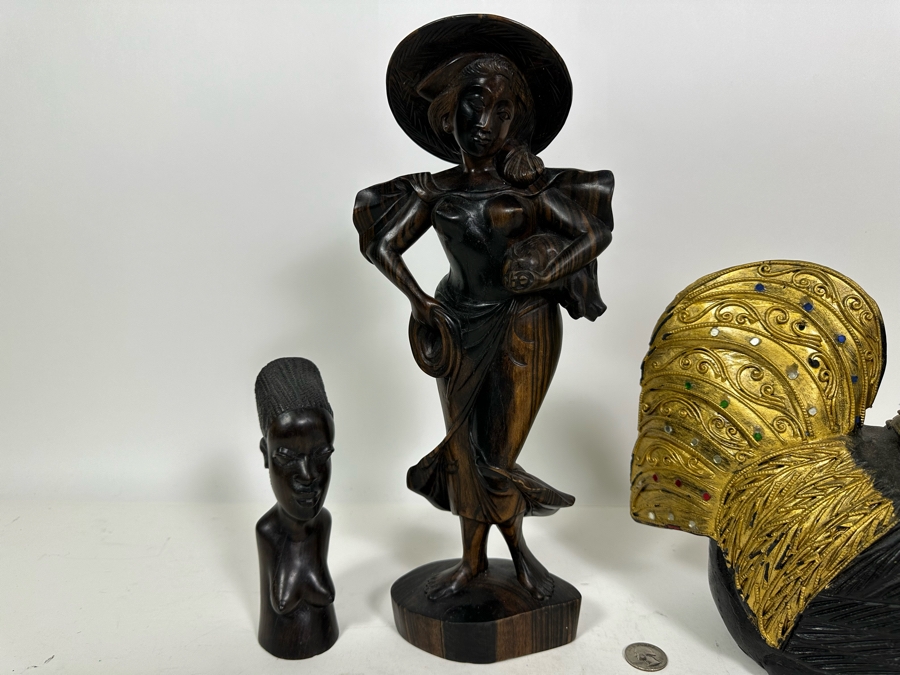 Carved Wooden Rooster From Thailand 9H (R), Carved Wooden Sculpture 14H (M) And Carved Wooden African Bust 7H (L) [Photo 8]