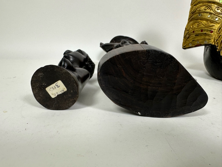 Carved Wooden Rooster From Thailand 9H (R), Carved Wooden Sculpture 14H (M) And Carved Wooden African Bust 7H (L) [Photo 12]