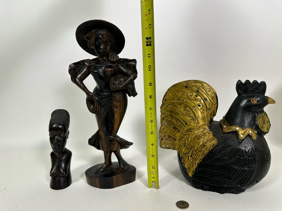 Carved Wooden Rooster From Thailand 9H (R), Carved Wooden Sculpture 14H (M) And Carved Wooden African Bust 7H (L) [Photo 13]