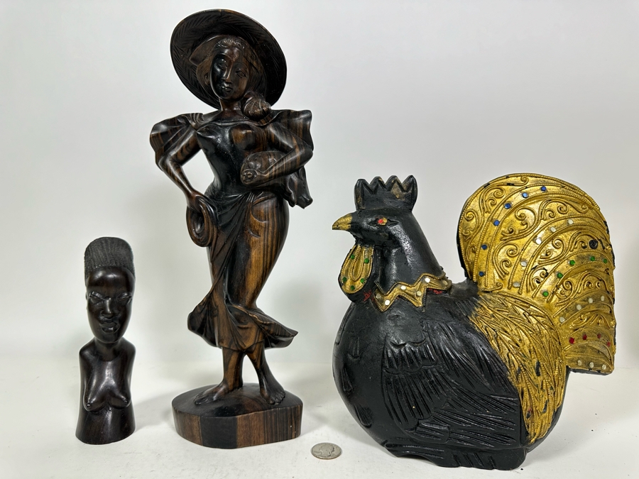 Carved Wooden Rooster From Thailand 9H (R), Carved Wooden Sculpture 14H (M) And Carved Wooden African Bust 7H (L) [Photo 3]