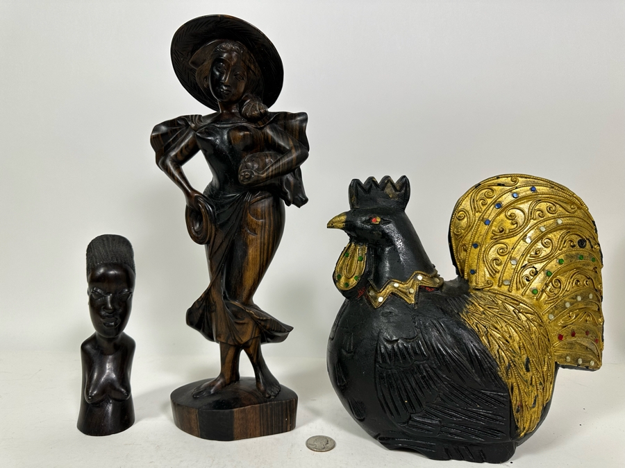 Carved Wooden Rooster From Thailand 9H (R), Carved Wooden Sculpture 14H (M) And Carved Wooden African Bust 7H (L) [Photo 2]