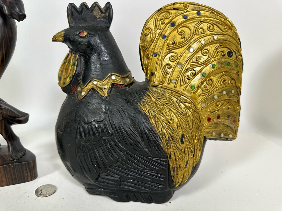 Carved Wooden Rooster From Thailand 9H (R), Carved Wooden Sculpture 14H (M) And Carved Wooden African Bust 7H (L) [Photo 4]