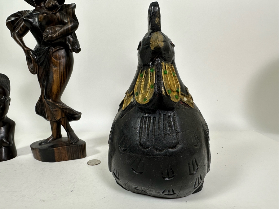 Carved Wooden Rooster From Thailand 9H (R), Carved Wooden Sculpture 14H (M) And Carved Wooden African Bust 7H (L) [Photo 5]