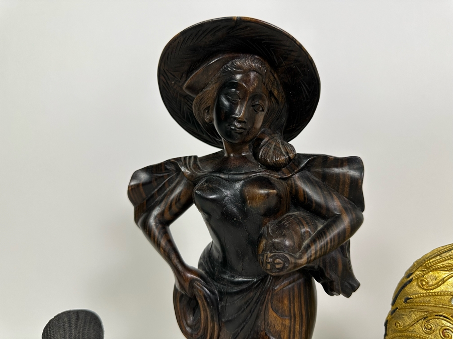 Carved Wooden Rooster From Thailand 9H (R), Carved Wooden Sculpture 14H (M) And Carved Wooden African Bust 7H (L) [Photo 9]