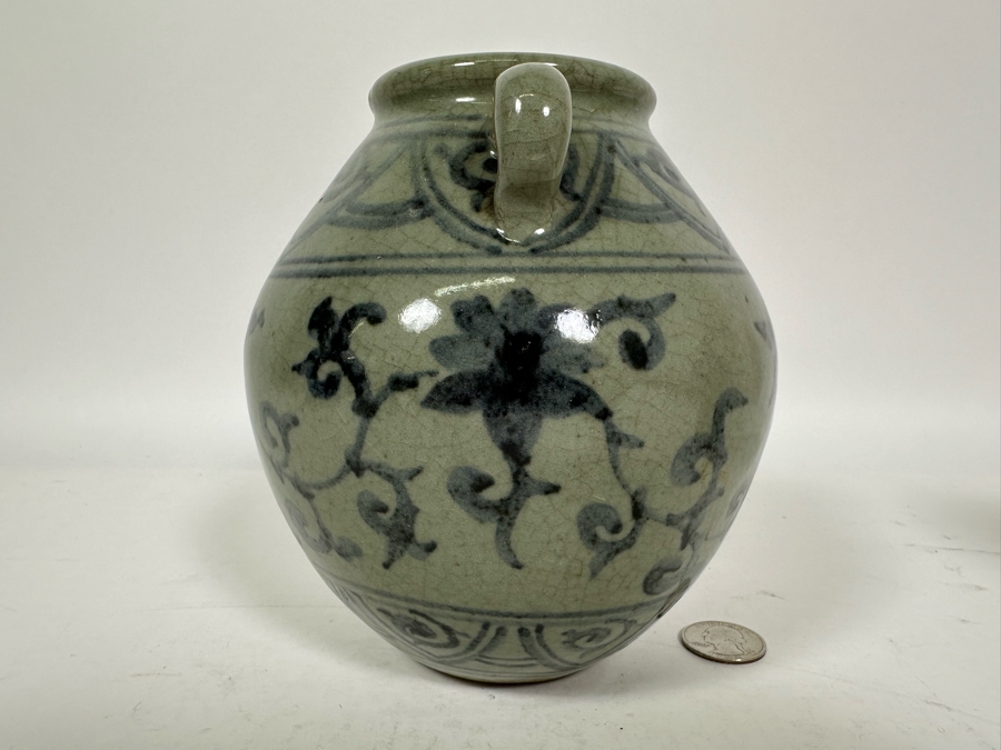 Vintage Chinese Blue & White Porcelain Jar With Two Handles 6.25H [Photo 4]