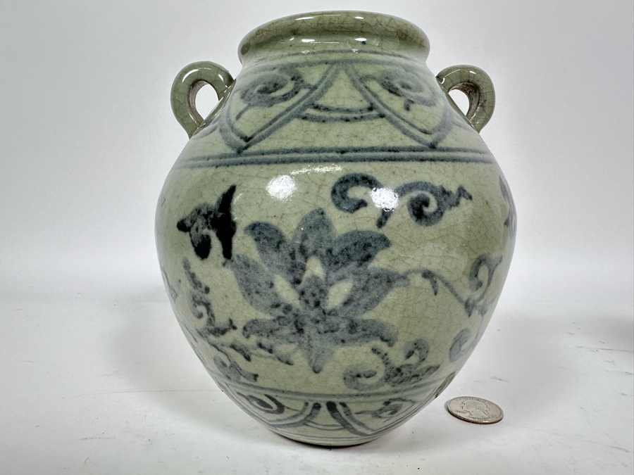 Vintage Chinese Blue & White Porcelain Jar With Two Handles 6.25H [Photo 2]