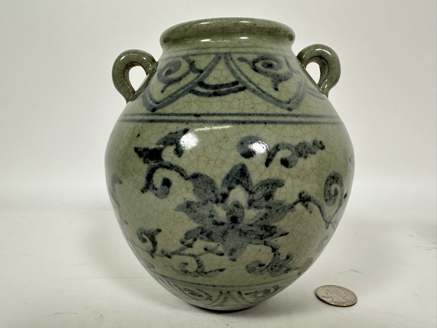 Vintage Chinese Blue & White Porcelain Jar With Two Handles 6.25H [Photo 5]