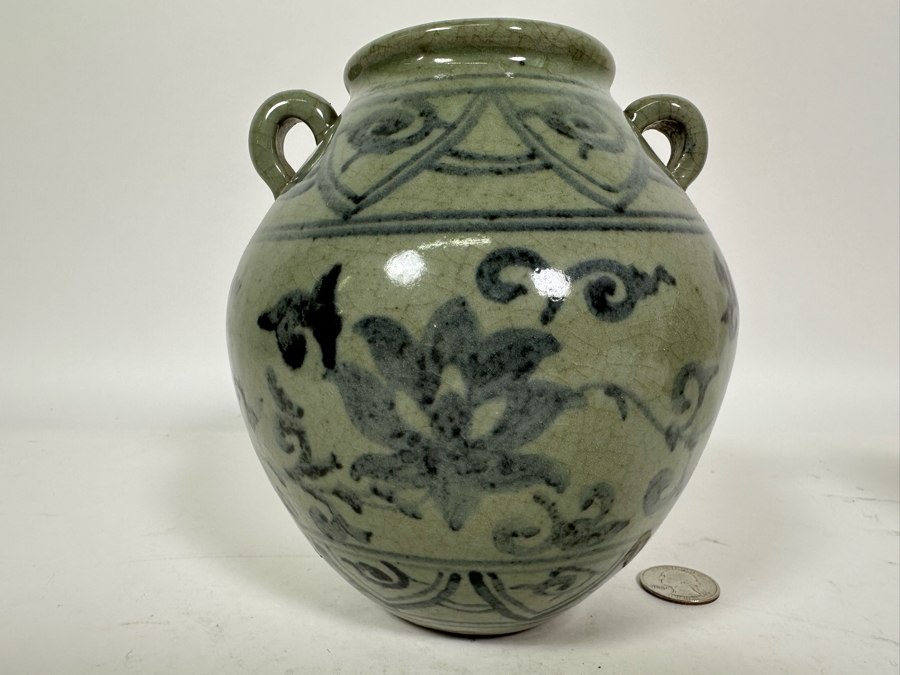 Vintage Chinese Blue & White Porcelain Jar With Two Handles 6.25H [Photo 3]