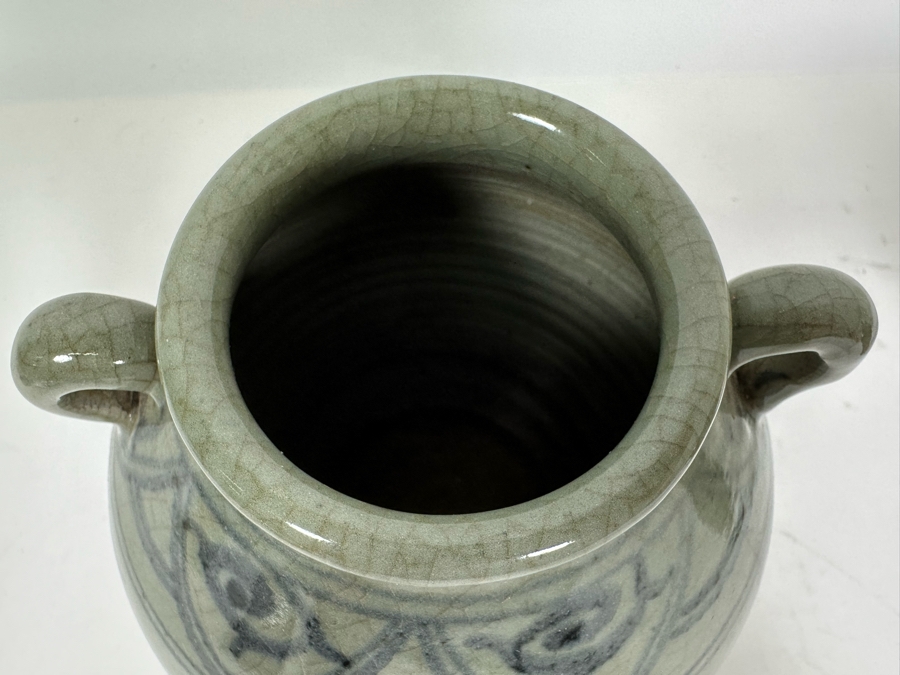 Vintage Chinese Blue & White Porcelain Jar With Two Handles 6.25H [Photo 7]