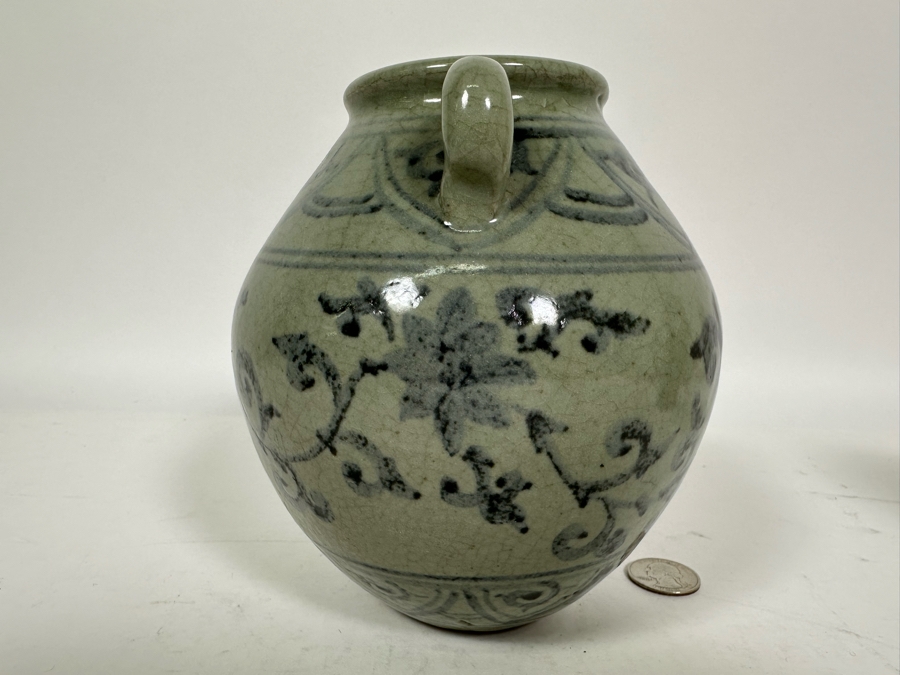 Vintage Chinese Blue & White Porcelain Jar With Two Handles 6.25H [Photo 6]