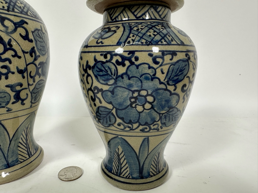 Pair Of Vintage Signed Chinese Blue & White Porcelain Lidded Jars 10.25H & 8.5H [Photo 8]