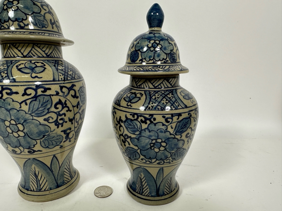Pair Of Vintage Signed Chinese Blue & White Porcelain Lidded Jars 10.25H & 8.5H [Photo 7]
