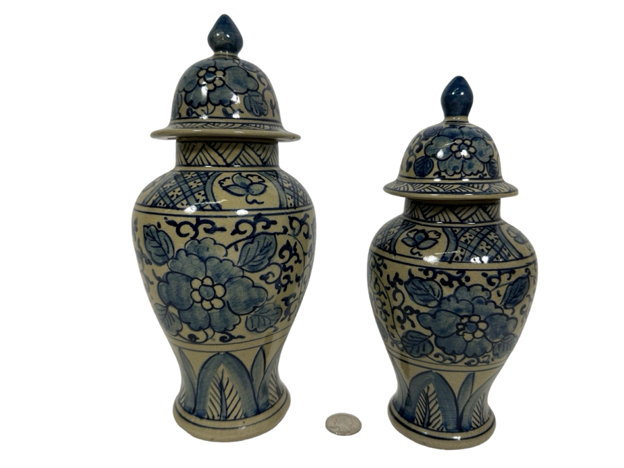 Pair Of Vintage Signed Chinese Blue & White Porcelain Lidded Jars 10.25H & 8.5H