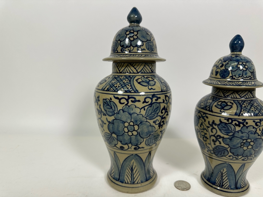 Pair Of Vintage Signed Chinese Blue & White Porcelain Lidded Jars 10.25H & 8.5H [Photo 3]