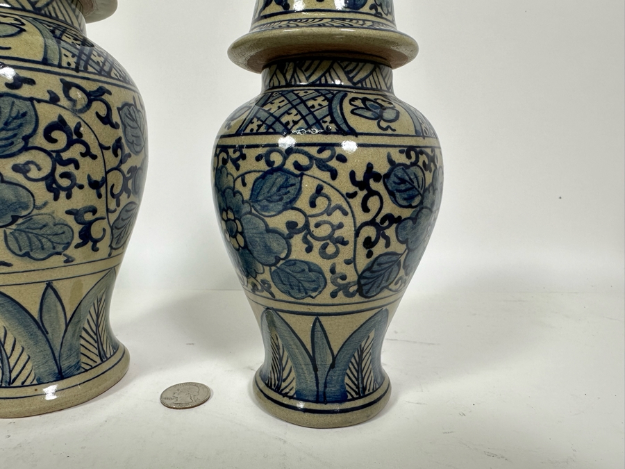 Pair Of Vintage Signed Chinese Blue & White Porcelain Lidded Jars 10.25H & 8.5H [Photo 10]