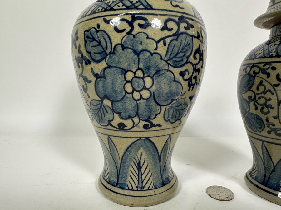 Pair Of Vintage Signed Chinese Blue & White Porcelain Lidded Jars 10.25H & 8.5H [Photo 4]
