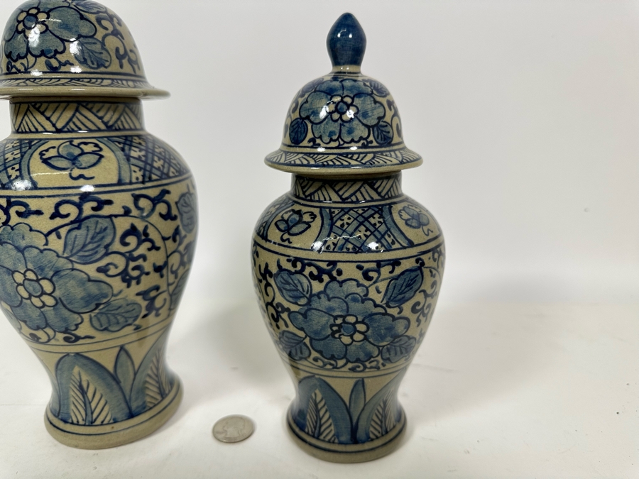 Pair Of Vintage Signed Chinese Blue & White Porcelain Lidded Jars 10.25H & 8.5H [Photo 9]