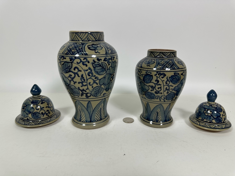 Pair Of Vintage Signed Chinese Blue & White Porcelain Lidded Jars 10.25H & 8.5H [Photo 14]