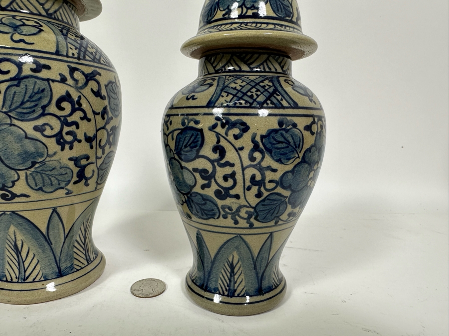 Pair Of Vintage Signed Chinese Blue & White Porcelain Lidded Jars 10.25H & 8.5H [Photo 11]
