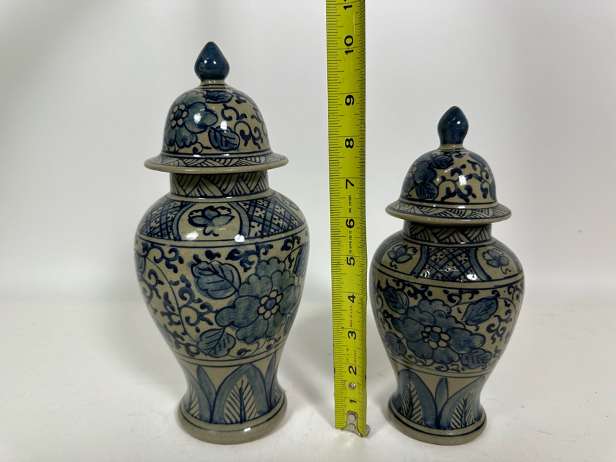 Pair Of Vintage Signed Chinese Blue & White Porcelain Lidded Jars 10.25H & 8.5H [Photo 21]
