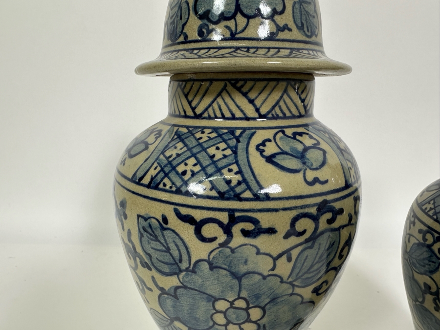 Pair Of Vintage Signed Chinese Blue & White Porcelain Lidded Jars 10.25H & 8.5H [Photo 5]