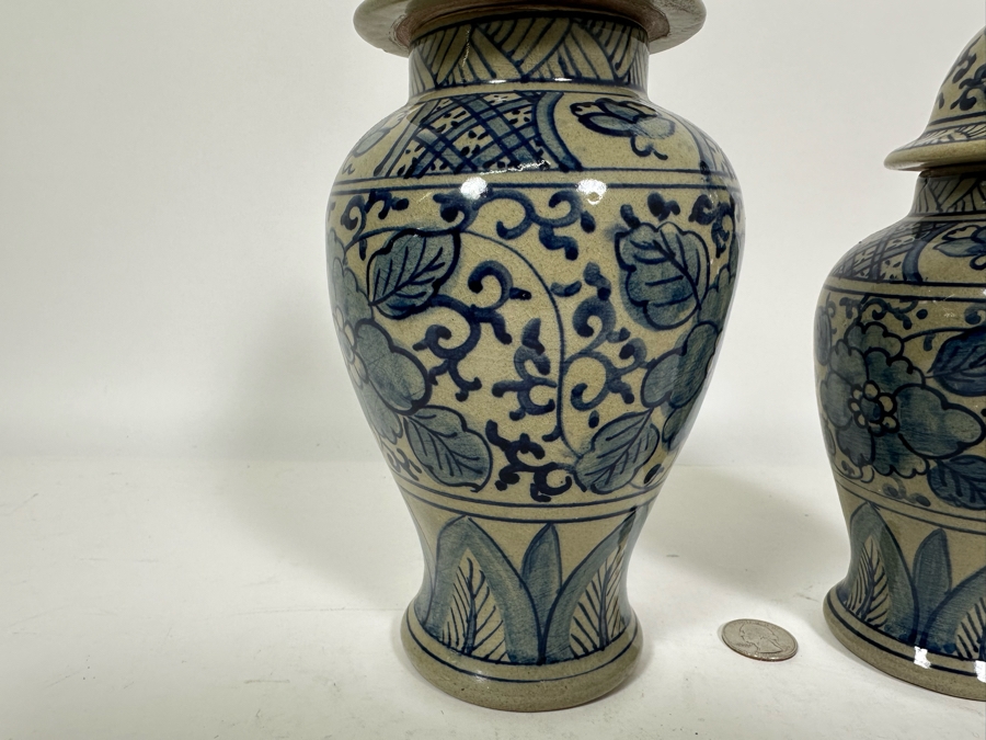 Pair Of Vintage Signed Chinese Blue & White Porcelain Lidded Jars 10.25H & 8.5H [Photo 13]