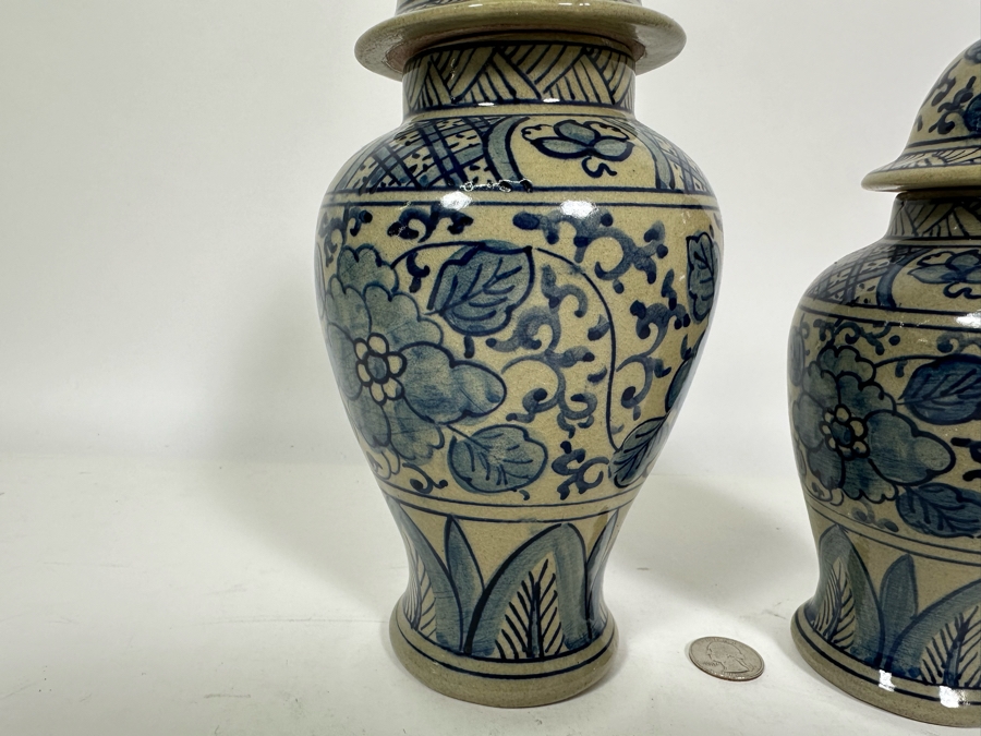 Pair Of Vintage Signed Chinese Blue & White Porcelain Lidded Jars 10.25H & 8.5H [Photo 12]