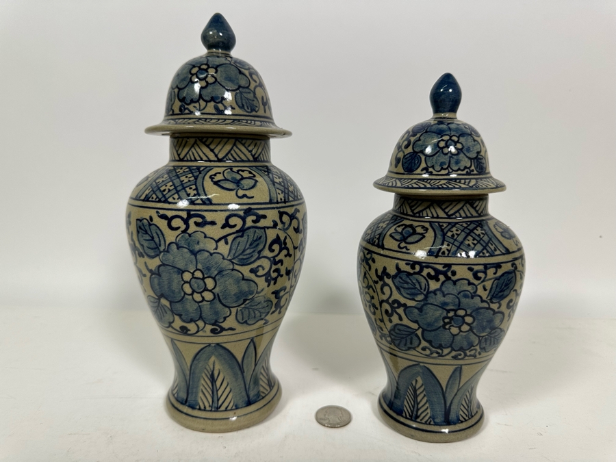 Pair Of Vintage Signed Chinese Blue & White Porcelain Lidded Jars 10.25H & 8.5H [Photo 2]