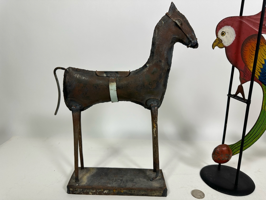 Kinetic Metal Parrot Sculpture 15H (M), Metal Horse Sculpture 13H (L) And Wood And Metal Fish Motif Candle Holder 8H (R) [Photo 7]
