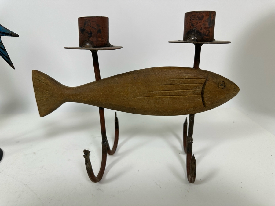 Kinetic Metal Parrot Sculpture 15H (M), Metal Horse Sculpture 13H (L) And Wood And Metal Fish Motif Candle Holder 8H (R) [Photo 6]