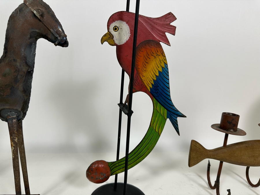 Kinetic Metal Parrot Sculpture 15H (M), Metal Horse Sculpture 13H (L) And Wood And Metal Fish Motif Candle Holder 8H (R) [Photo 5]