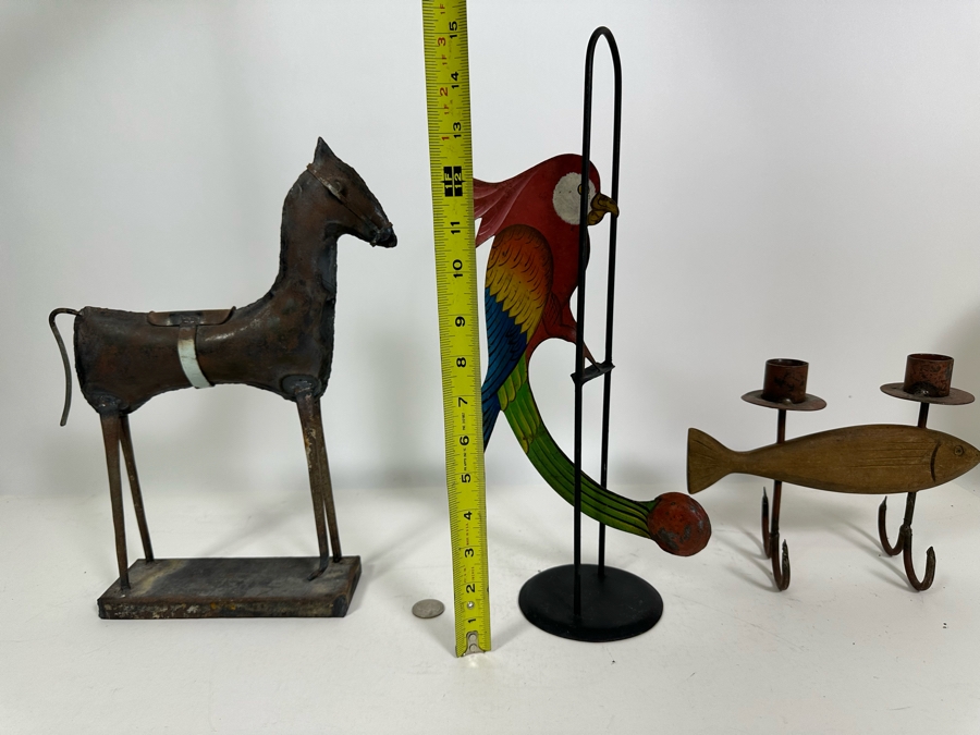 Kinetic Metal Parrot Sculpture 15H (M), Metal Horse Sculpture 13H (L) And Wood And Metal Fish Motif Candle Holder 8H (R) [Photo 8]