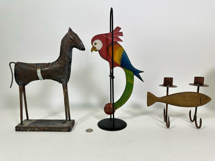 Kinetic Metal Parrot Sculpture 15H (M), Metal Horse Sculpture 13H (L) And Wood And Metal Fish Motif Candle Holder 8H (R) [Photo 2]