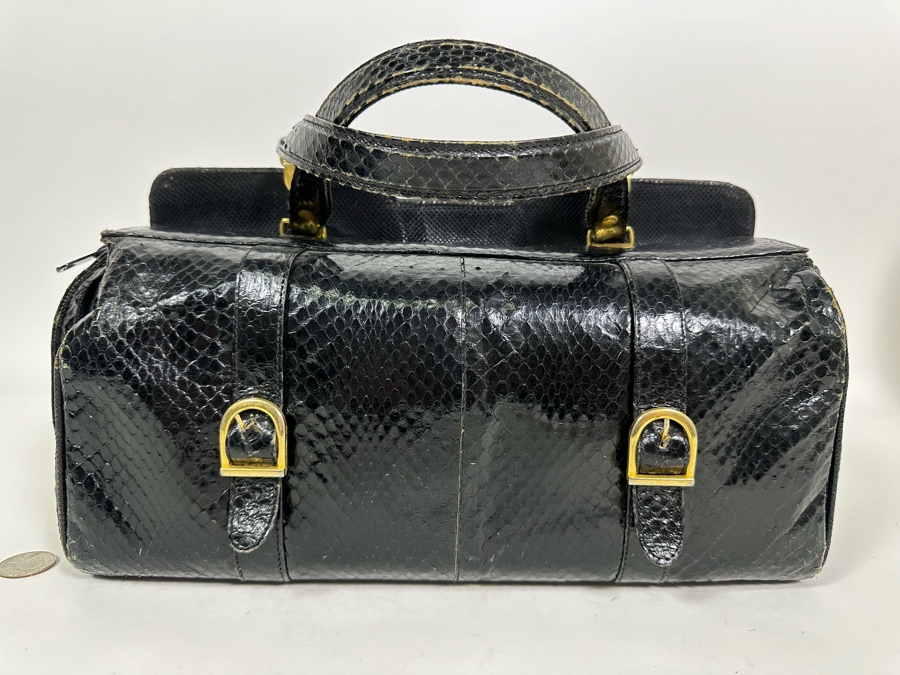 Vintage Black Snakeskin Handbag 14W X 6D X 6H [Photo 2]