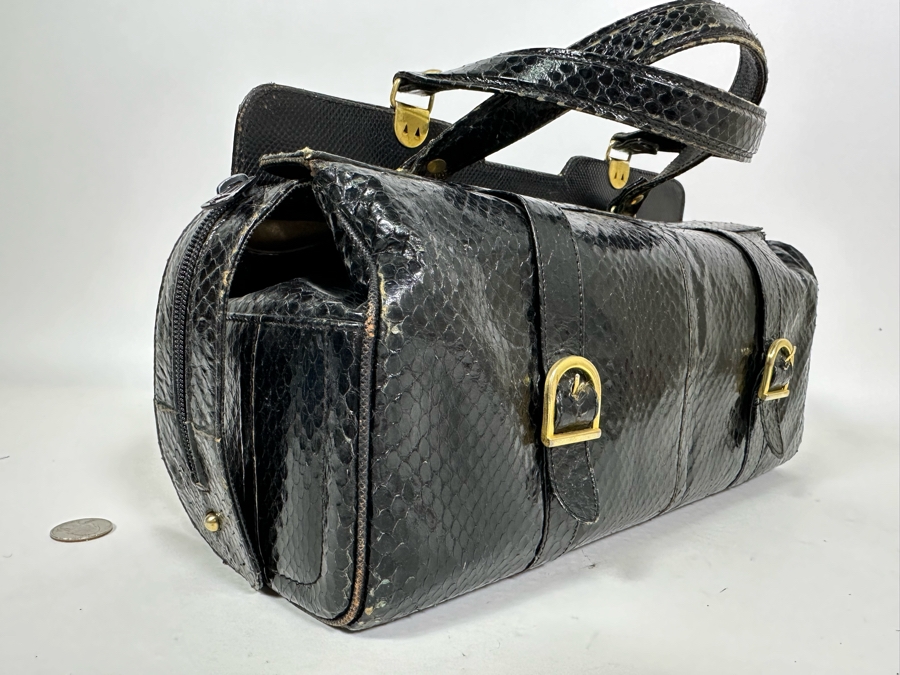 Vintage Black Snakeskin Handbag 14W X 6D X 6H [Photo 4]