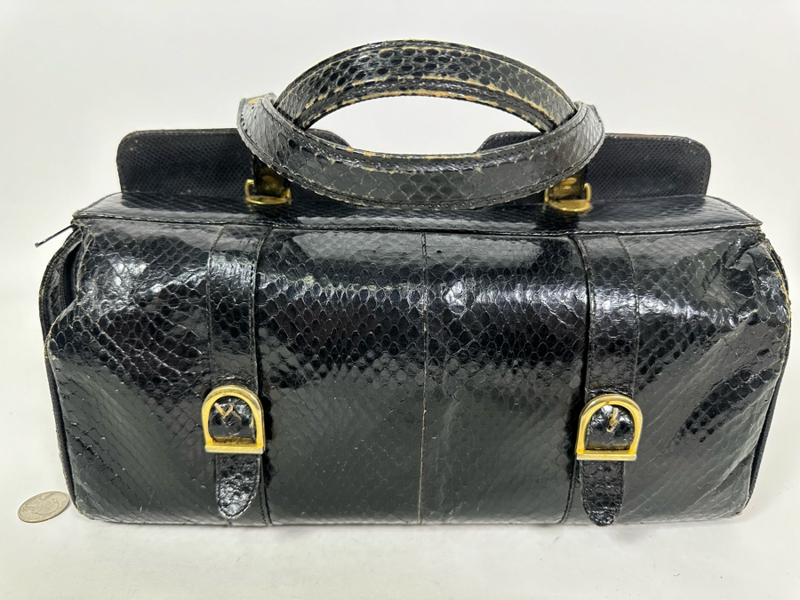 Vintage Black Snakeskin Handbag 14W X 6D X 6H [Photo 3]
