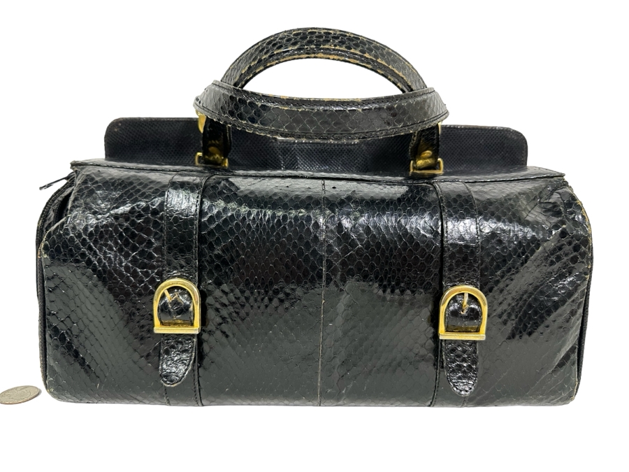 Vintage Black Snakeskin Handbag 14W X 6D X 6H