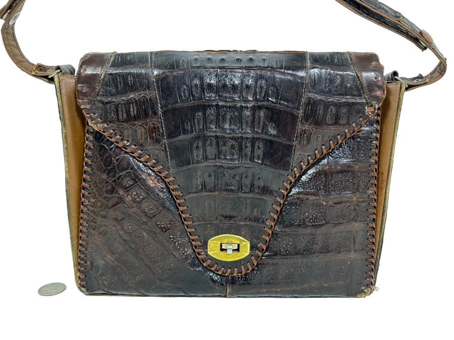 Vintage Alligator Skin Handcrafted Handbag 11W X 3D X 9H