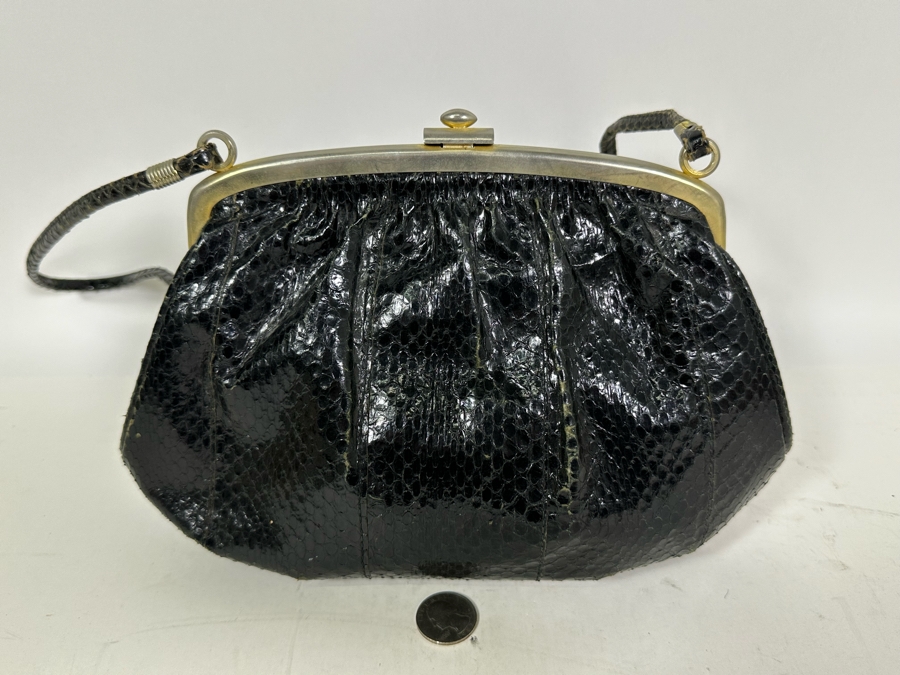 Vintage Black Snakeskin Handbag 11W X 7H
