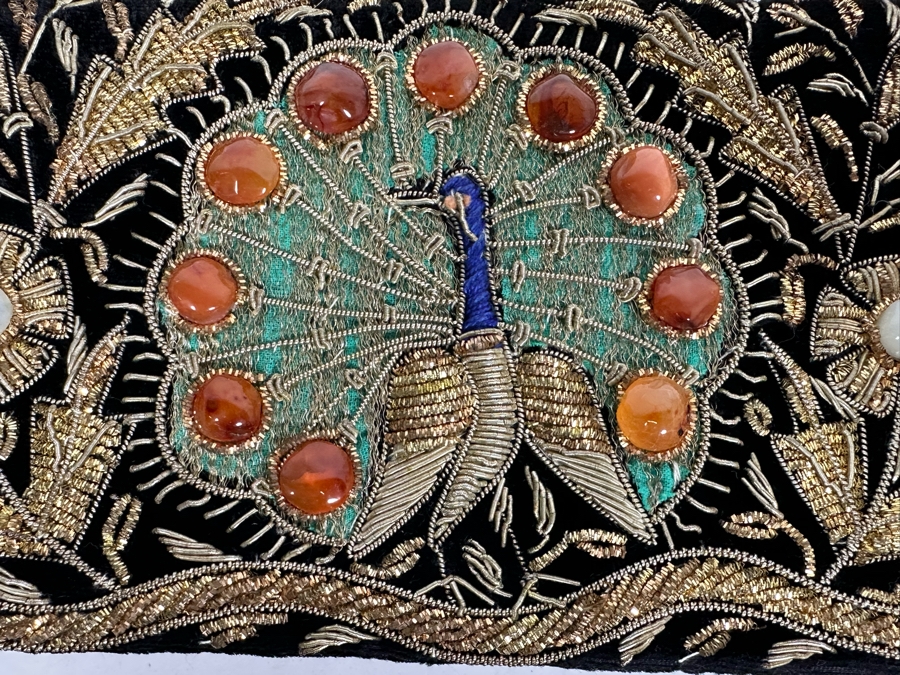 Vintage Peacock Bird Design Zardozi Embroidered Gemstone Clutch Black Velvet Evening Bag 8W X 5H [Photo 5]