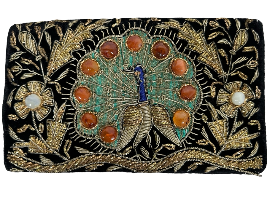 Vintage Peacock Bird Design Zardozi Embroidered Gemstone Clutch Black Velvet Evening Bag 8W X 5H