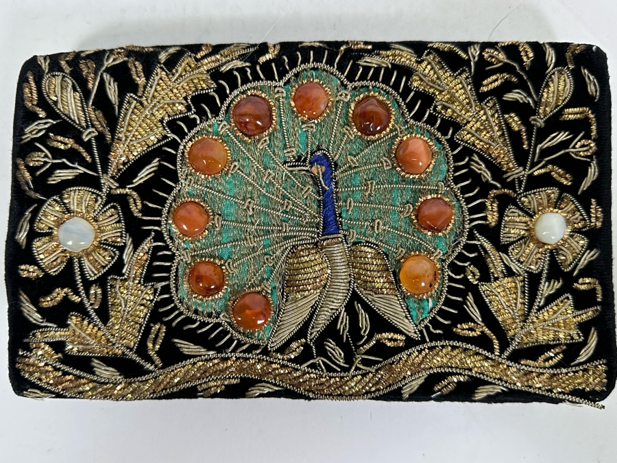 Vintage Peacock Bird Design Zardozi Embroidered Gemstone Clutch Black Velvet Evening Bag 8W X 5H [Photo 2]
