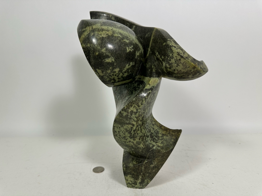 Vintage Signed Carved Green Stone Abstract Whale Sculpture Signed At Base 10W X 13.5H [Photo 5]
