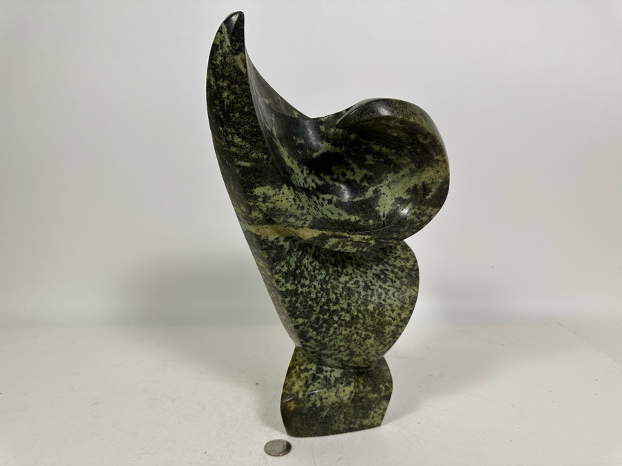 Vintage Signed Carved Green Stone Abstract Whale Sculpture Signed At Base 10W X 13.5H [Photo 12]