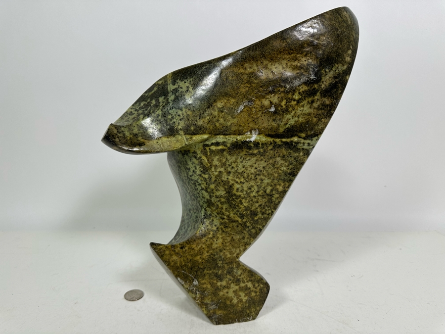 Vintage Signed Carved Green Stone Abstract Whale Sculpture Signed At Base 10W X 13.5H [Photo 6]