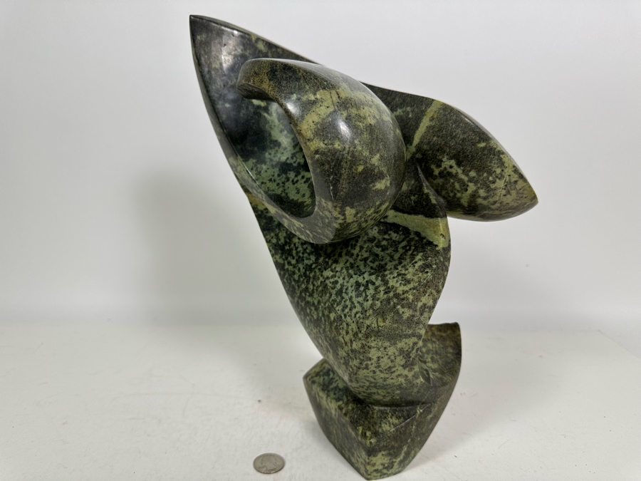 Vintage Signed Carved Green Stone Abstract Whale Sculpture Signed At Base 10W X 13.5H [Photo 15]