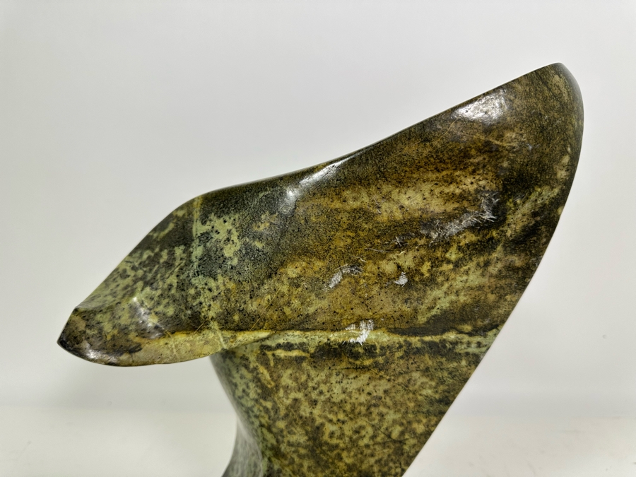Vintage Signed Carved Green Stone Abstract Whale Sculpture Signed At Base 10W X 13.5H [Photo 7]