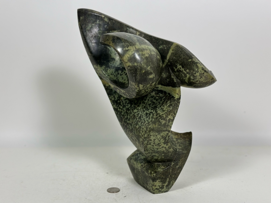 Vintage Signed Carved Green Stone Abstract Whale Sculpture Signed At Base 10W X 13.5H [Photo 16]