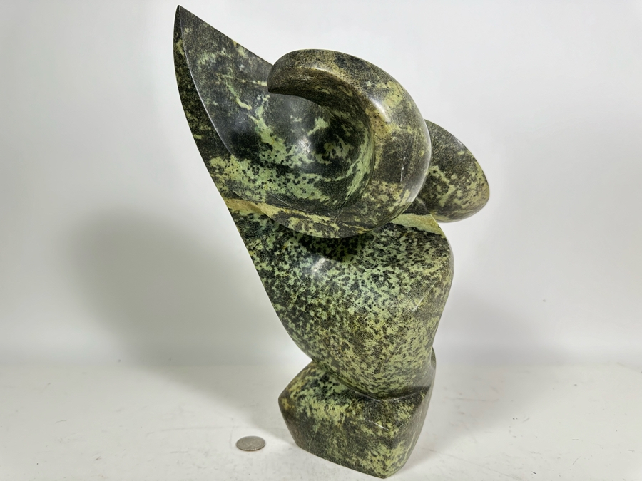 Vintage Signed Carved Green Stone Abstract Whale Sculpture Signed At Base 10W X 13.5H [Photo 4]